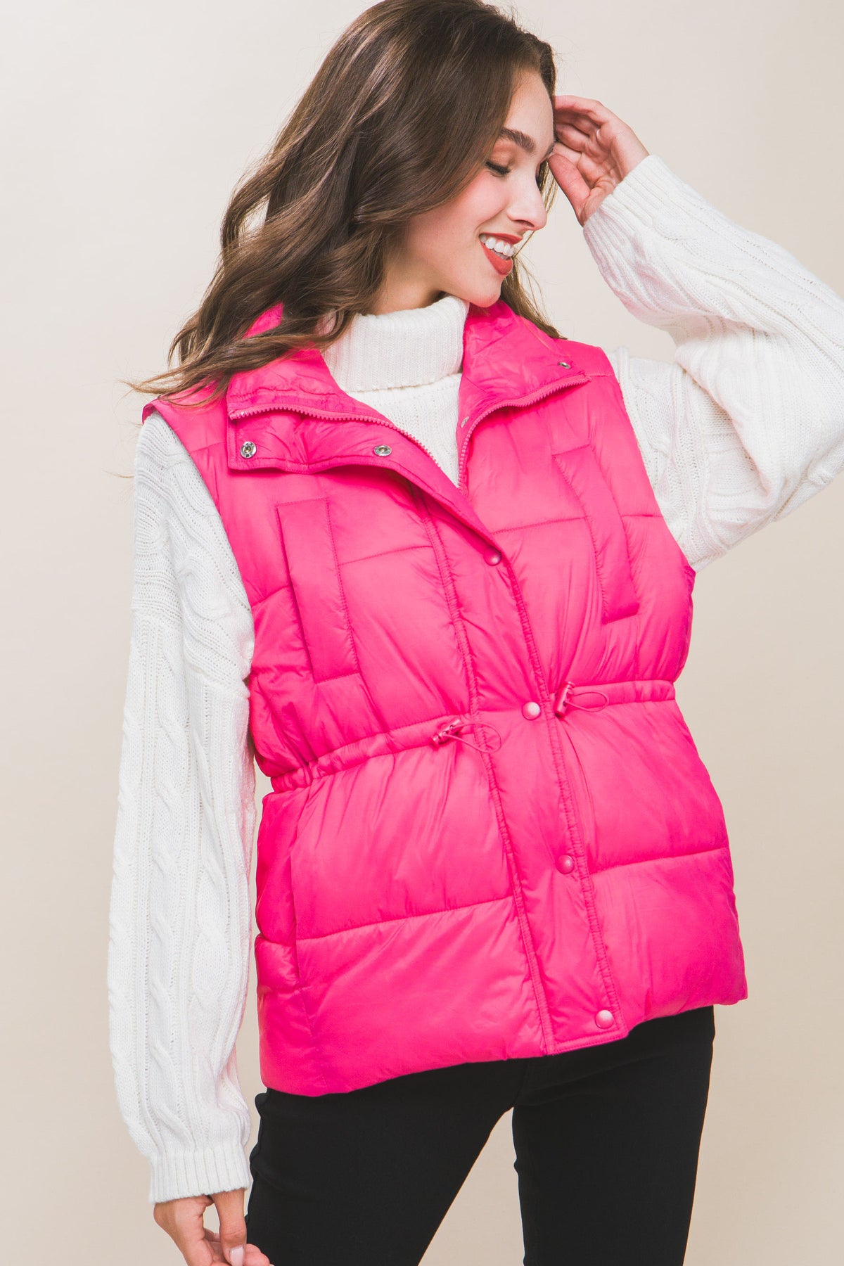 Zip Up Button Puffer Vest With Waist Toggles