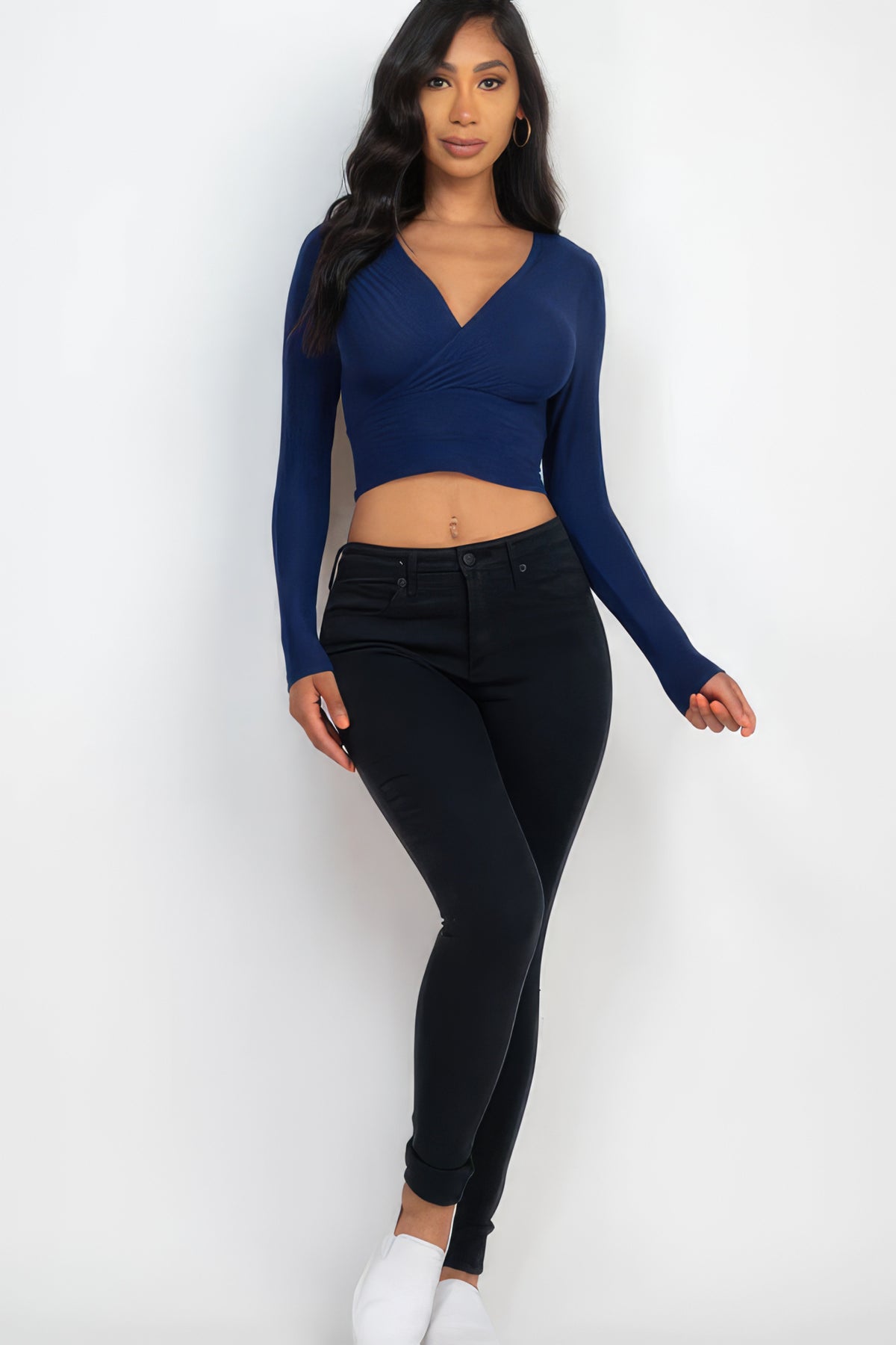 Ribbed Wrap Front Long Sleeve Top