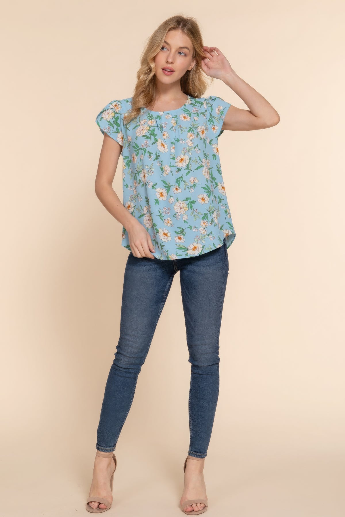 Short Tulip Slv Floral Print Woven Top